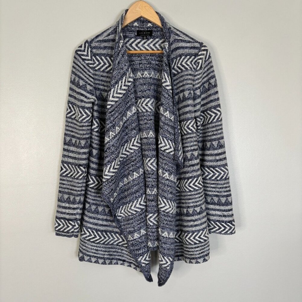 Lucky Brand Cardigan Small Blue White Open-Front Sweater